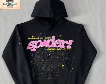 Sudadera con capucha Sp5der negra estilo streetwear // Gráfico rosa afelpado // Diseño de telaraña