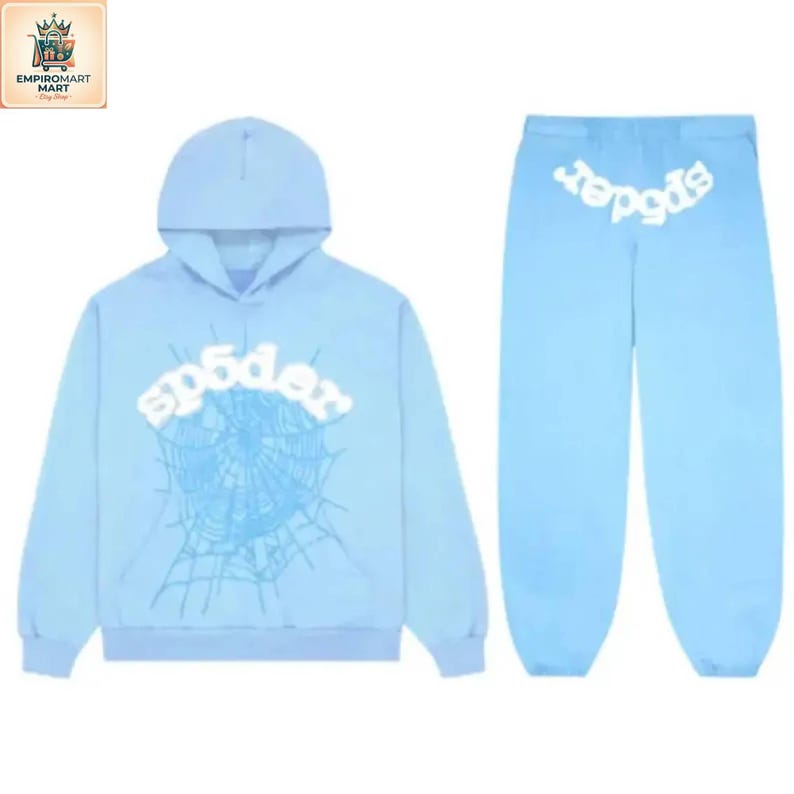 Sudadera con capucha azul estilo Spiderman // Sudadera unisex con estampado de telaraña estilo Y2K, estilo streetwear. Sky Blue TracKSuit
