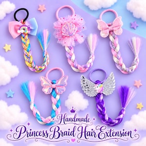 May include: Five hair ties with attached colourful synthetic braids, featuring decorative elements including a rainbow bow, a pink seashell with tulle, a glittery butterfly, an iridescent butterfly, and silver wings with a unicorn, plus text reading Handmade Princess Braid Hair Extension.