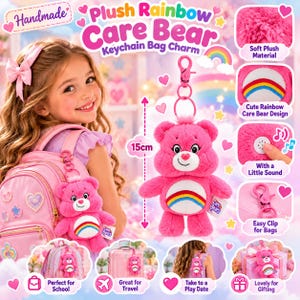May include: A pink plush Care Bear keychain bag charm measuring 15 cm in height. The bear features a white belly patch with a colourful rainbow graphic, a pink nose, and a plastic clip for attachment. The plush is soft and includes a sound feature.