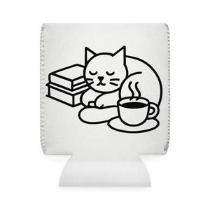 May include: A white foam beverage insulator featuring a black line art illustration of a cat resting beside a stack of two books and a steaming cup of coffee on a saucer. The design is centered on the front of the rectangular drink sleeve.