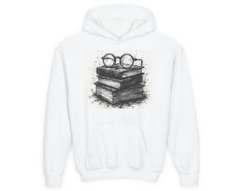 Cozy Book Stack Hoodie, Aesthetic Gift for Readers, Birthday Gift, Comfort Lover Apparel, Cute Glasses Design
