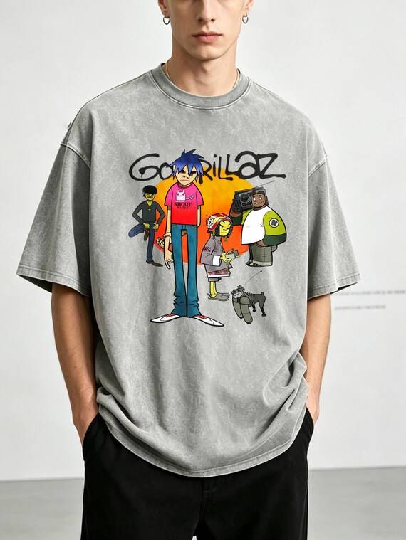 Gorillaz Band Graphic Tee, Vintage Wash Cartoon DTG Print T-Shirt,  Retro Cotton Top