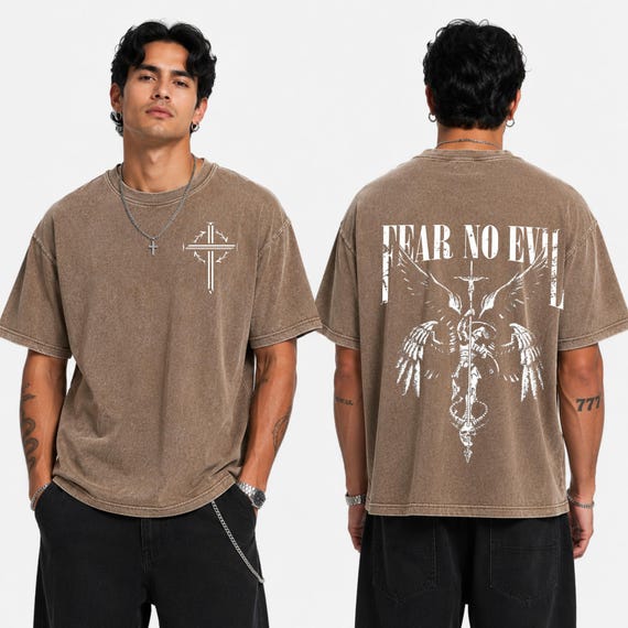 Fear No Evil Shirt Psalm 23:4 Dark Christian Streetwear Tee Gothic Cross Graphic Vintage Washed DTG Print Tee