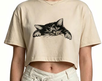 Cat Lover Graphic Crop Top, Kitty Print T-Shirt