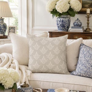 Neutral Floral Pattern Pillow | Square Decorative Pillow, Beige Leaf Motif