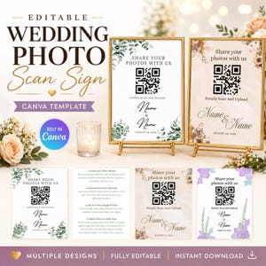 May include: Two gold-framed wedding photo scan signs with QR codes, eucalyptus and floral designs, and the text "Share your photos with us" and "Name & Name". Includes additional sign templates with instructions and various floral border illustrations.