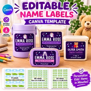 Pode incluir: Modelo Canva de etiquetas de nome editáveis com gráficos de unicórnio e urso em recipientes roxos e brancos. Inclui folhas de 9 etiquetas de 6,55 x 6,55 cm, 48 de 6,10 x 2,16 cm e 33 de 5,33 x 2,16 cm para personalizar itens diversos.