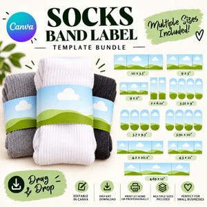 May include: A socks band label template bundle featuring text SOCKS BAND LABEL and Multiple Sizes Included. Three pairs of ribbed socks in grey, white, and charcoal are wrapped in labels with a blue sky and green hill graphic. Includes various dimensions in inches.