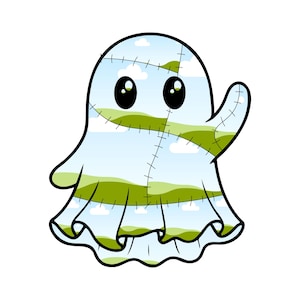 May include: A cartoon ghost illustration featuring a patchwork design with visible black stitching lines. The ghost has a light blue sky pattern with white clouds and rolling green hills printed across its body, two large black eyes, and one arm raised.