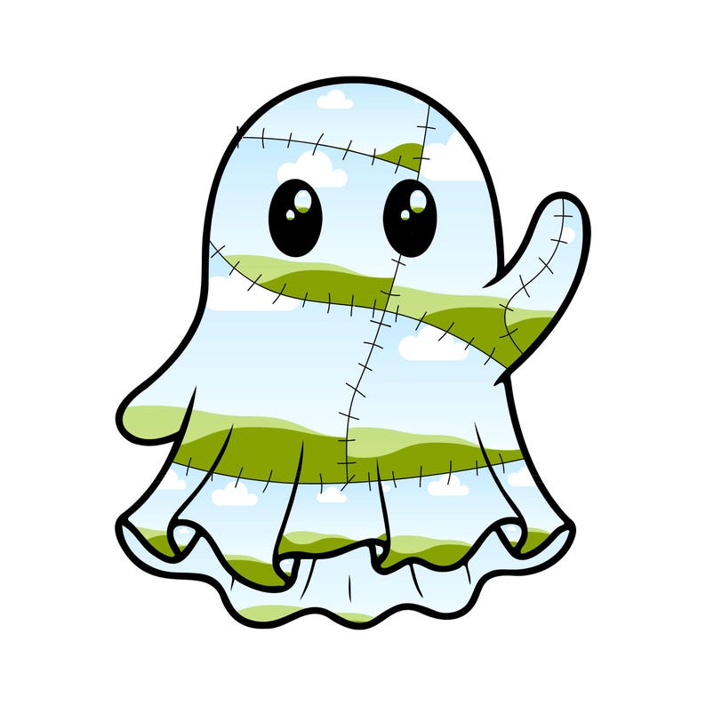 May include: A cartoon ghost illustration featuring a patchwork design with visible black stitching lines. The ghost has a light blue sky pattern with white clouds and rolling green hills printed across its body, two large black eyes, and one arm raised.