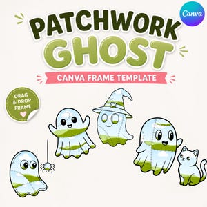 パッチワークゴーストCanvaテンプレート、ハロウィン写真デザイン、編集可能なフレーム（デジタルダウンロード）