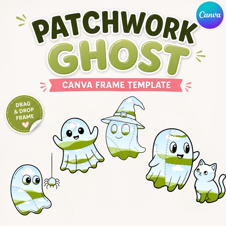 canva frame, ghost template, halloween template, patchwork ghost, canva ghost, halloween canva, photo frame canva, editable canva, ghost photo, spooky photo, halloween design, digital frame, photo template
