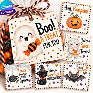 May include: A collection of square Halloween gift tags featuring illustrations of a ghost, pumpkin, mummy, spider, cat, and bat. Each tag includes festive text like Boo! A TREAT FOR YOU, Hey, Pumpkin!, and You're a Sweet Treats!.