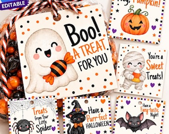 Pode incluir: Uma coleção de etiquetas de presente quadradas para o Halloween com ilustrações de um fantasma, abóbora, múmia, aranha, gato e morcego. Cada etiqueta inclui textos festivos como Boo! A TREAT FOR YOU, Hey, Pumpkin! e You're a Sweet Treats!.