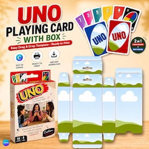 May include: A digital template for UNO playing cards and a box, featuring colorful numbered cards, a box design with a photo of three people playing, and text including UNO PLAYING CARD WITH BOX, Easy Drag & Drop Template, and Ready to Print.