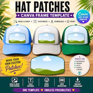 May include: A digital Canva frame template for hat patches featuring three trucker hats in blue, gray, and green, each displaying a landscape graphic with rolling green hills and a white cloud against a blue sky, plus a standalone patch template.