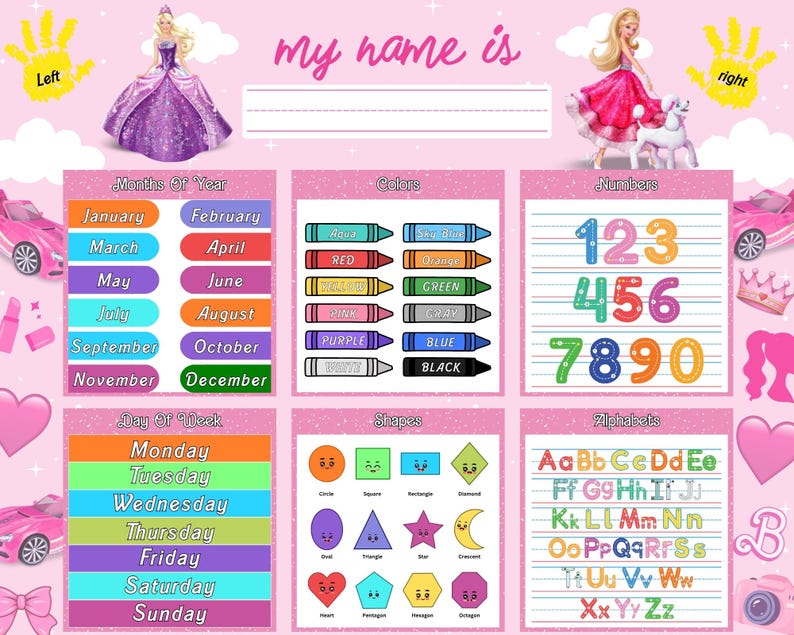 May include: A pink educational poster featuring the text my name is with a blank line for writing. The design includes illustrations of dolls, cars, hearts, and crowns, alongside charts for months, colors, numbers, days of the week, shapes, and the alphabet.