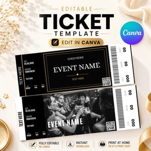 May include: An editable ticket template featuring a black and gold design with placeholders for event name, date, location, and seat details. The template includes a section for a custom photo, a barcode, a QR code, and text labels for editing in Canva.