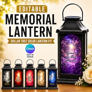 May include: A black solar lantern featuring a purple cloud graphic with the text Forever In Our Hearts. Five smaller lanterns are displayed below with various colored cloud backgrounds and text including Miss You Dear and In Loving Memory.