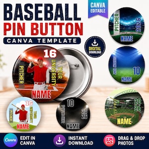 May include: A digital Canva template for baseball pin buttons featuring multiple circular designs with stadium backgrounds, player photos, and customizable text fields for names, numbers, and years. The layout includes a prominent pin button example.