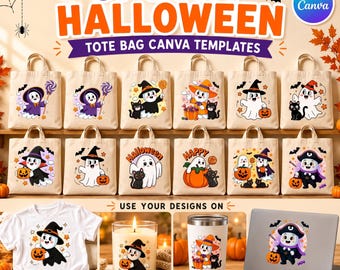 Pode incluir: Uma exibição gráfica digital de modelos Canva para sacolas Spooky Halloween com várias ilustrações de fantasmas com abóboras, gatos e morcegos, aplicadas em camisetas, velas, copos e computadores portáteis.