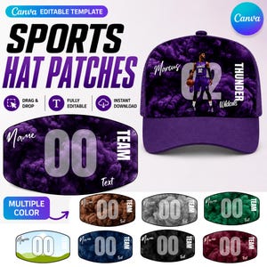 May include: An editable digital template for sports hat patches featuring a purple smoke background, a basketball player graphic, and customizable text fields for names, numbers, and team names, displayed on a purple trucker hat.