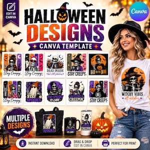 May include: A digital collection of Halloween-themed graphic designs featuring skeletons, ghosts, and pumpkins with text like Stay Creepy, Bad to the Bone, and Witchy Vibes. The set includes a tote bag, a black mug, and a white tumbler with prints.