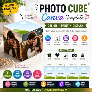 May include: A digital Canva template for a 3D photo cube featuring text that reads PHOTO CUBE Canva Template, Design, Print, Display, Turn your memories into a 3D masterpiece, and Customize Text, Colors & Photos with various icons and layout guides.