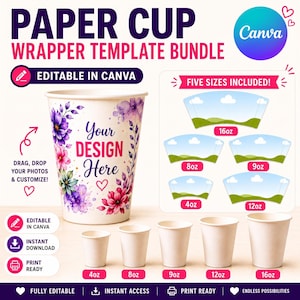 Paper Cup Wrapper Template Bundle | Drag & Drop Cup Canva Frames | 4oz 8oz 9oz 12oz 16oz | Digital Download