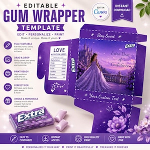 Editable Extra Gum Wrapper Template | Pink Princess Party Favor | Personalized Candy Wrapper | Digital Download