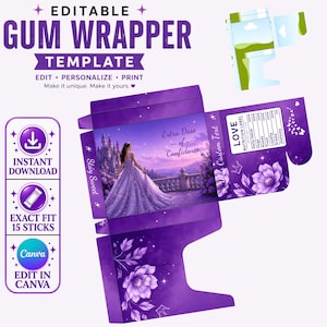 Modello modificabile per incarto extra per gomme da masticare / Bomboniera per festa a tema principessa rosa / Incarto personalizzato per caramelle / Download digitale