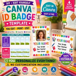 Canva IDバッジテンプレート｜DIY編集可能な学校名札｜編集可能（デジタルダウンロード）