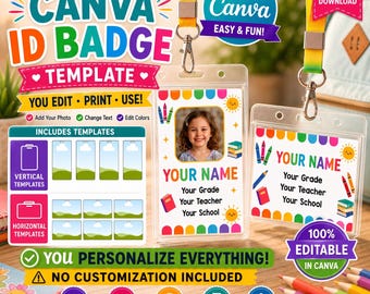 Canva ID Badge Template | DIY Editable School Name Tag | You Edit (Digital Download)