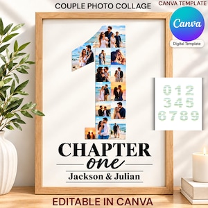 Può includere: Un modello digitale Canva per un collage fotografico di coppia con il numero uno riempito di varie fotografie di coppie. Il testo recita COUPLE PHOTO COLLAGE, CHAPTER one, Jackson & Julian e EDITABLE IN CANVA. Include una guida numerica.