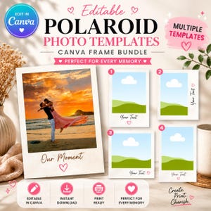 Op de afbeelding: Bewerkbare Polaroid-fotosjablonen in een Canva-framebundel. Het ontwerp bevat een groot centraal frame met een strandfoto bij zonsondergang en de tekst Our Moment, naast vier kleinere genummerde frames met tijdelijke afbeeldingen en tekst.