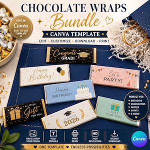 Puede incluir: Un paquete digital de envoltorios para barras de chocolate con varios diseños para cumpleaños y graduaciones. Las plantillas incluyen textos como Congrats Grad, Happy Birthday, Let's Party, A Little Gift For You y Class of 2026.
