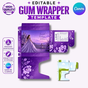 Vorlage für personalisierbare Kaugummipapier-Verpackung | Rosa Prinzessinnen-Gastgeschenk | Personalisierter Kaugummi zum 16. Geburtstag | Digitaler Download