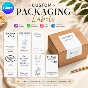 May include: A collection of white rectangular custom packaging labels featuring black text and floral line art designs. The labels include phrases like Thank You, Best Wishes, and Hi Beauty. A brown cardboard box is sealed with one of the labels.