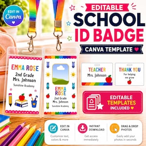 Könnte beinhalten: Zwei durchsichtige Ausweishüllen aus Kunststoff mit regenbogenfarbenen Schlüsselbändern. Die Einlagen zeigen bunte schulbezogene Grafiken, Äpfel und Text, darunter "EMMA ROSE", "2nd Grade", "Mrs. Johnson" und "Sunshine Academy". Inklusive bearbeitbarer Vorlagen.