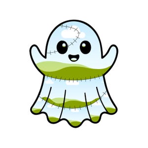 May include: A cartoon ghost illustration featuring a light blue sky with white clouds and rolling green hills pattern. The ghost has large black eyes, a smiling mouth, and dark stitched lines across its body, creating a segmented appearance.