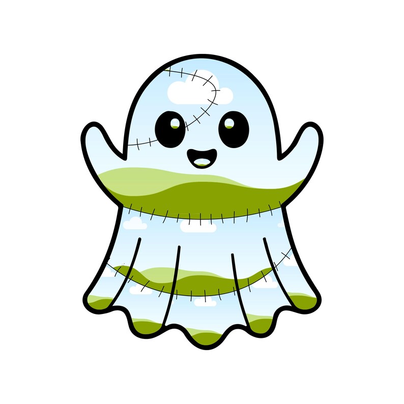 May include: A cartoon ghost illustration featuring a light blue sky with white clouds and rolling green hills pattern. The ghost has large black eyes, a smiling mouth, and dark stitched lines across its body, creating a segmented appearance.