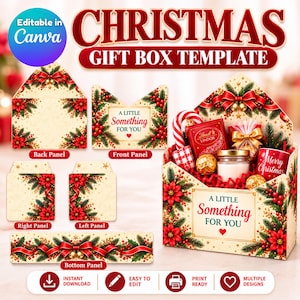May include: A Christmas gift box template featuring a cream background with red poinsettias, green pine branches, and red ribbons. The design includes panels labelled Back, Front, Right, Left, and Bottom, with text reading A LITTLE SOMETHING FOR YOU.