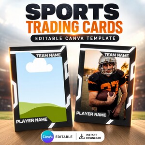 Peut inclure: Deux modèles de cartes de sport rectangulaires avec des bordures noires et des accents géométriques blancs. La carte de gauche présente un graphique fictif de ciel et de champ vert. La carte de droite montre un joueur de football américain.