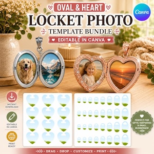 May include: An oval and heart locket photo template bundle for Canva. The image displays an open silver oval locket with a dog photo, an open rose gold heart locket with a child photo, and two sheets of various sized heart and oval photo placeholders.