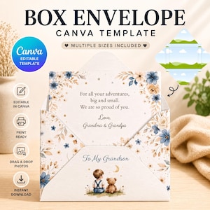 Puede incluir: Una plantilla de sobre tipo caja para Canva con un diseño floral de flores azules y beige. El sobre muestra el texto 'To My Grandson' sobre una ilustración de un niño y un oso de peluche, con un mensaje interior: 'For all your adventures, big and small. We are so proud of you. Love, Grandma & Grandpa'.