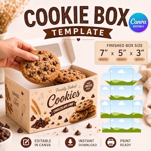 May include: A cookie box template with the text "COOKIE BOX TEMPLATE" and "Freshly Baked Cookies CHOCOLATE CHIP". The box features illustrations of wheat and chocolate chips. A finished box size of 7 inches by 5 inches by 3 inches is printed.