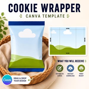 May include: A digital cookie wrapper Canva template featuring a blue and white snack bag design with a cloud and landscape graphic. The layout includes a flat template view with marked glue areas, plus icons for editable, instant download, and print ready.