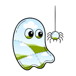 May include: A cartoon ghost illustration with a transparent body revealing a blue sky, white clouds, and green hills landscape. The ghost has large black eyes and a stitched seam pattern. A small spider hangs from a thread next to the ghost.