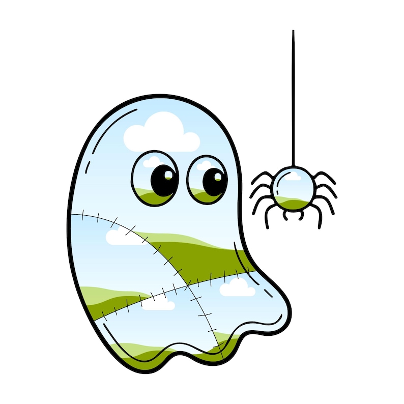 May include: A cartoon ghost illustration with a transparent body revealing a blue sky, white clouds, and green hills landscape. The ghost has large black eyes and a stitched seam pattern. A small spider hangs from a thread next to the ghost.
